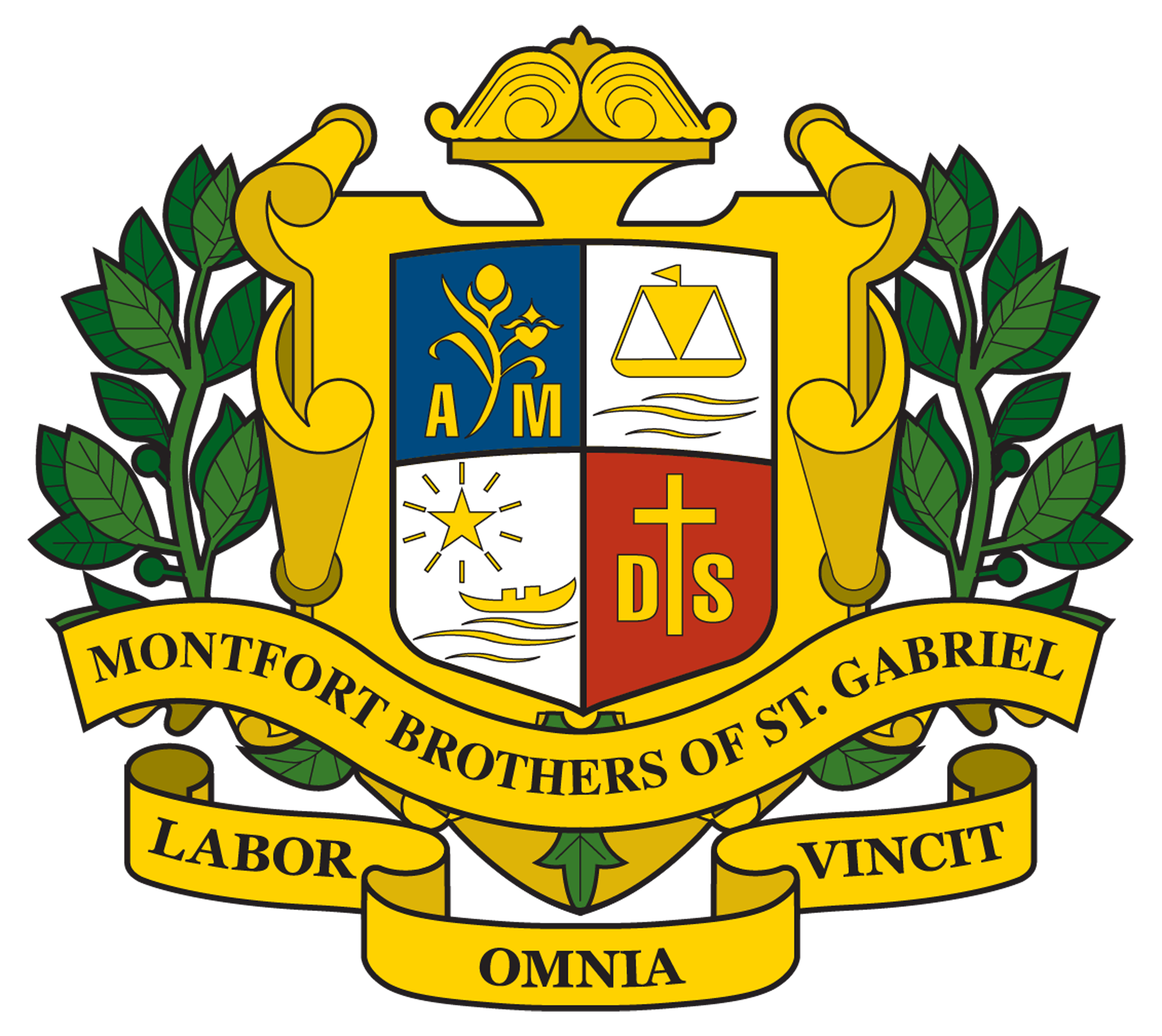 Coat of arms for Montfort Brothers of St. Gabriel with a quartered shield, laurel branches, and motto "Labor Vincit Omnia."